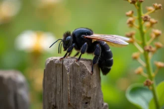 Gros insecte noir volant, une abeille charpentière Xylocopa violacea, posée sur un poteau en bois dans un jardin