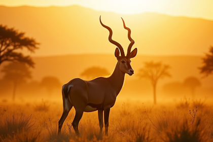 Grand kudu dans la savane africaine au lever du soleil