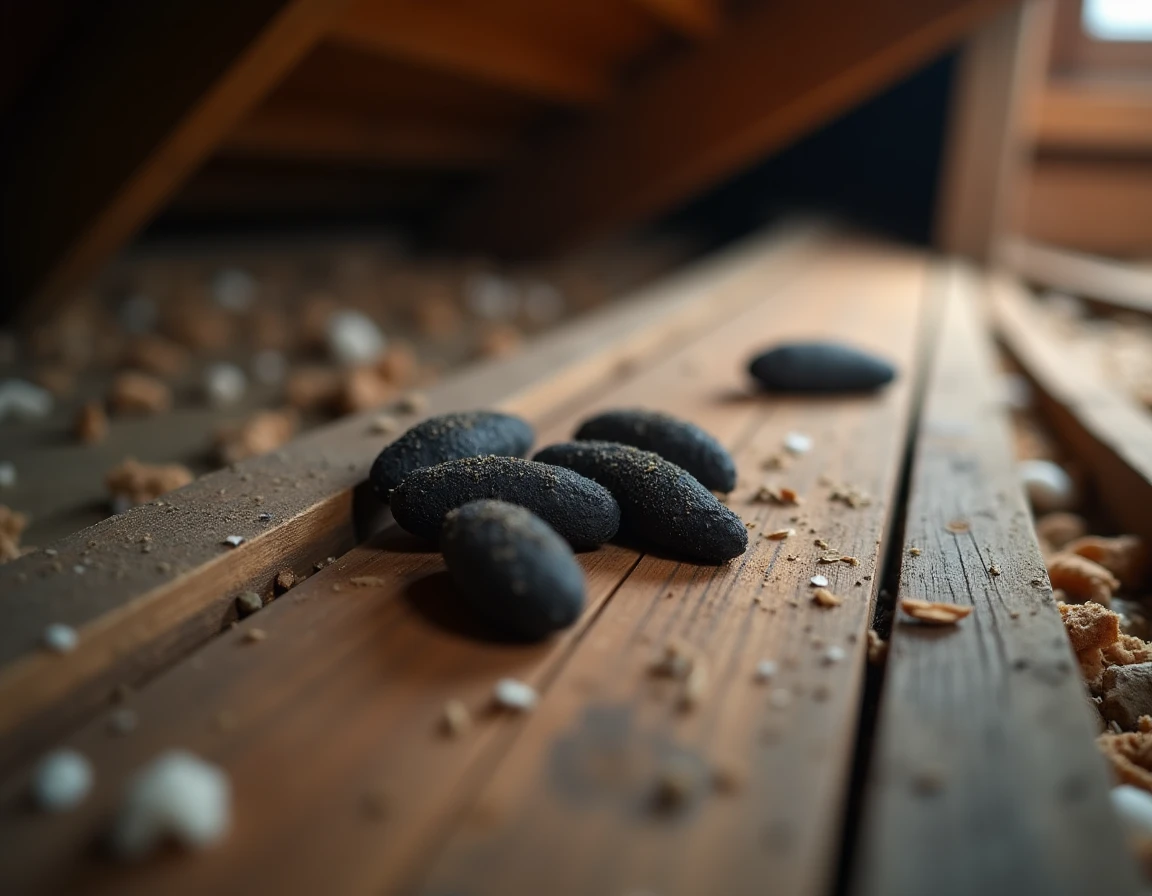 Gros plan de crottes de fouine sur des planches en bois dans un grenier