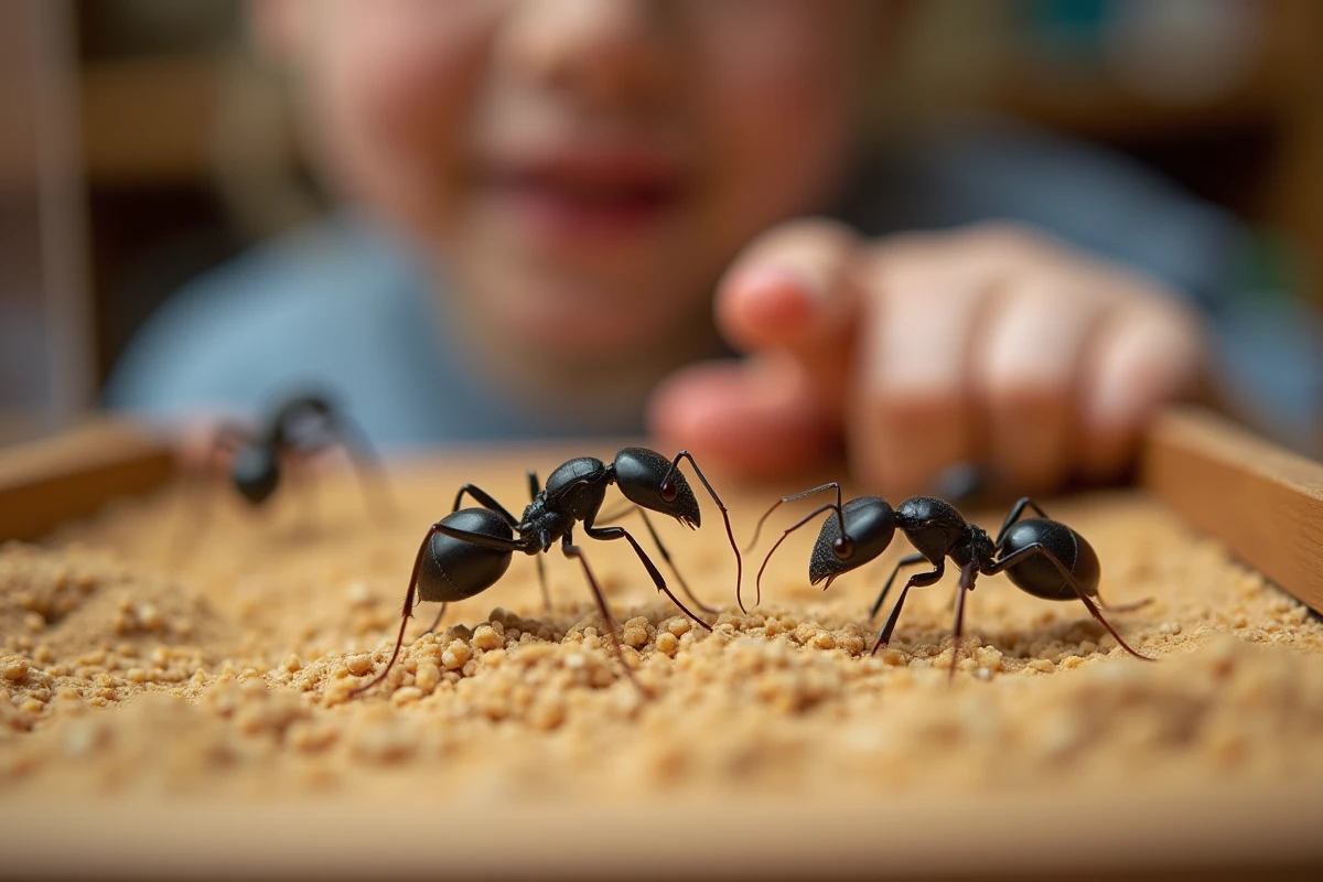 Gros plan de fourmis vivantes sur panneau acrylique de fourmilière pédagogique avec détails anatomiques précis
