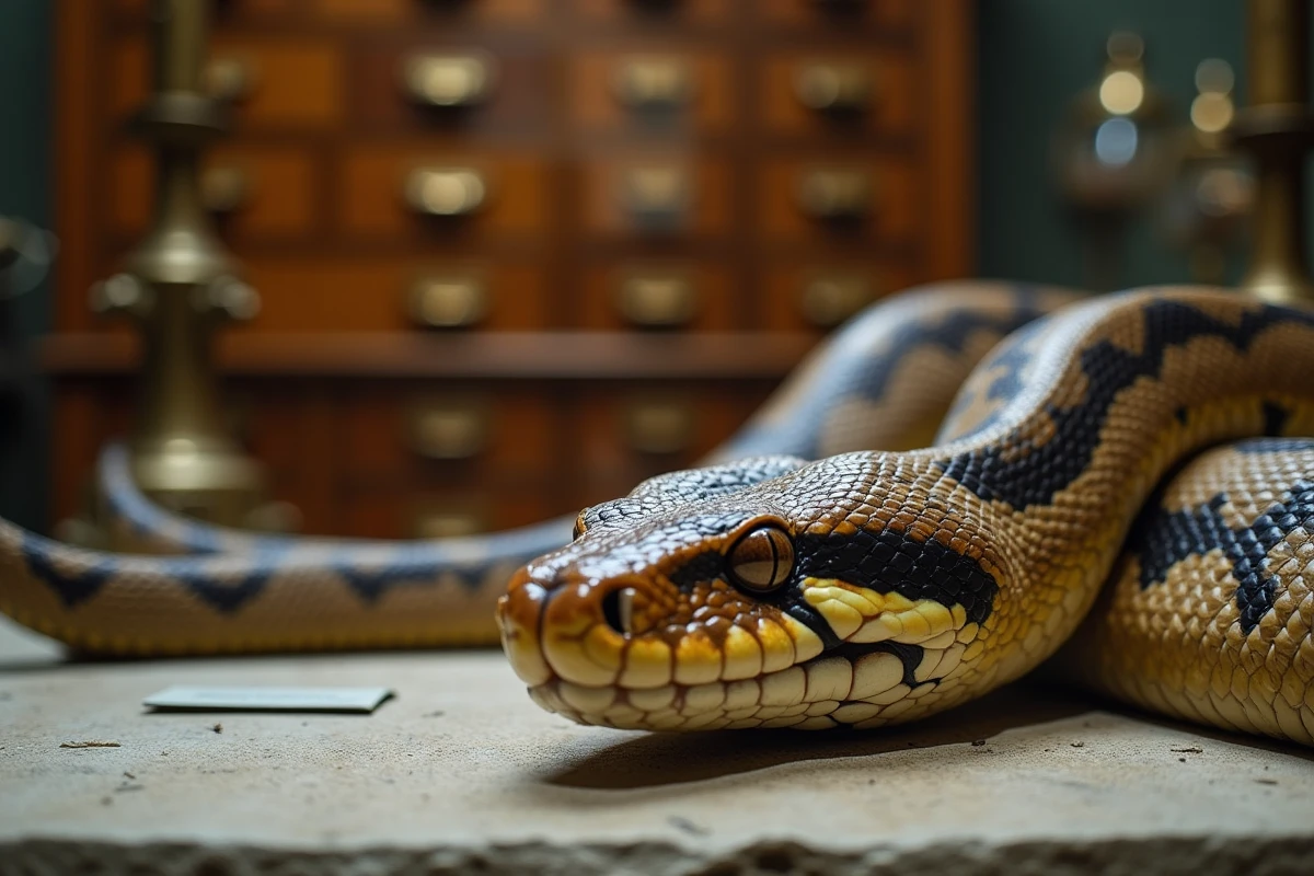 Gros plan du crâne et de la tête d'un python réticulé naturalisé exposé dans une vitrine de musée d'histoire naturelle avec détails de scales