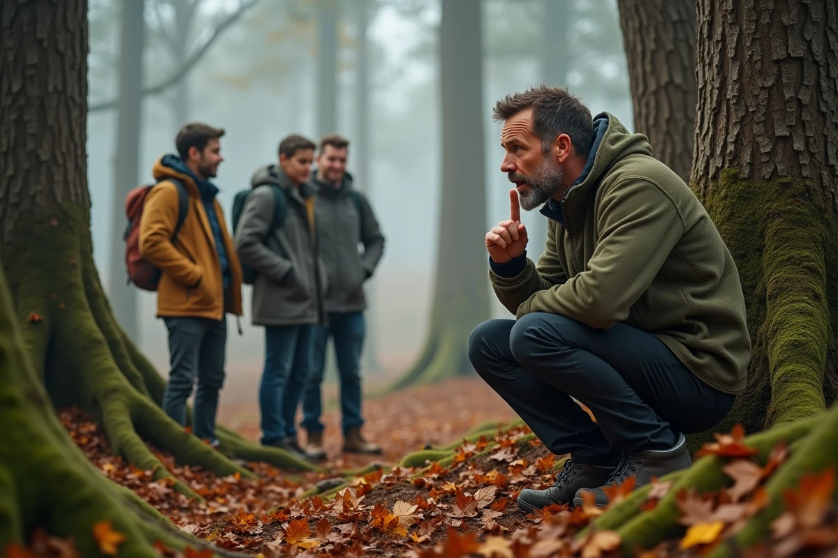 Guide nature chuchotant à un groupe d'adultes dans une forêt automnale pour écouter le brame du cerf