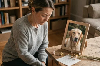 Femme en deuil agenouillée devant la photo encadrée de son chien décédé avec des fleurs séchées et une lettre manuscrite