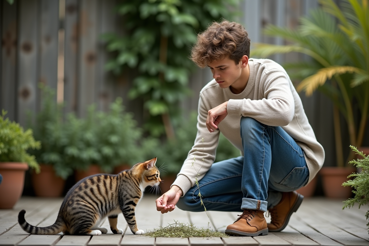 Jeune homme saupoudrant du romarin près d’un chat dans un jardin