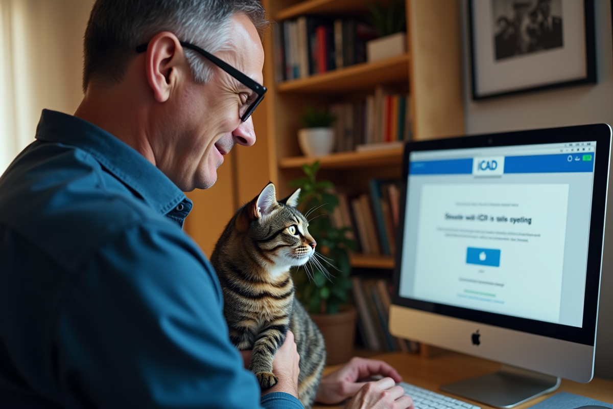 Homme avec chat regardant un certificat sur l’ordinateur