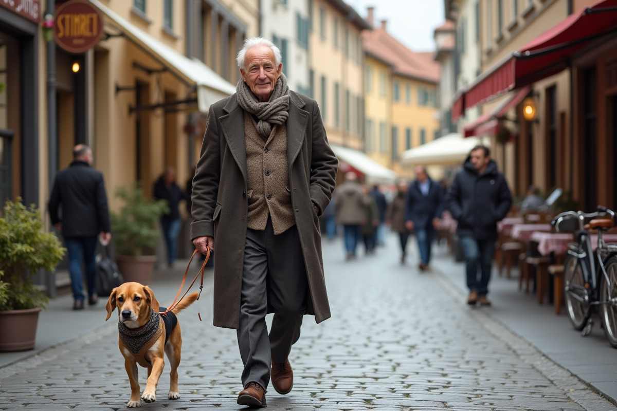 Homme âgé promenant un beagle dans une rue pavée