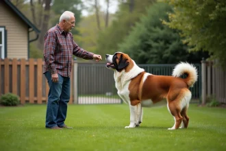 Homme âgé entraînant un grand chien Saint Bernard dans le jardin