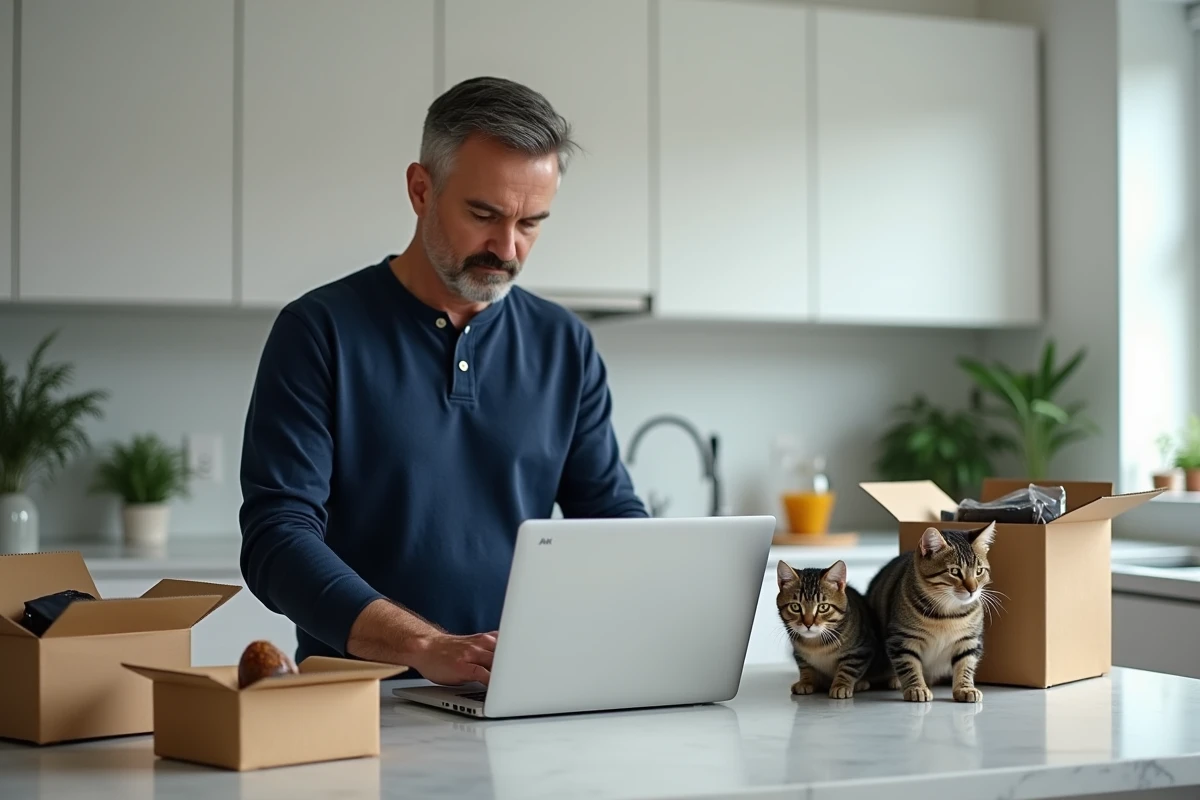 Homme déballant une commande d'animalerie en ligne avec ses deux chats tabby sur le plan de travail de la cuisine
