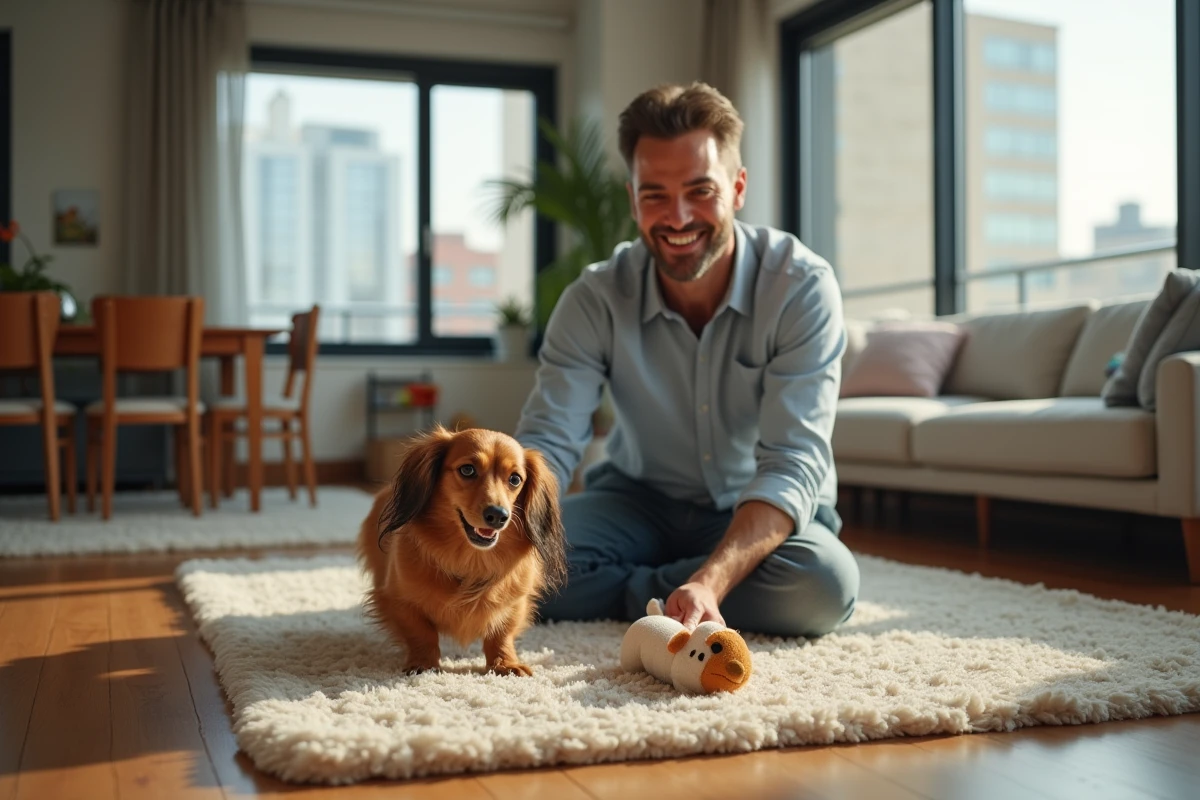 Homme jouant avec chien dachshund dans son appartement moderne