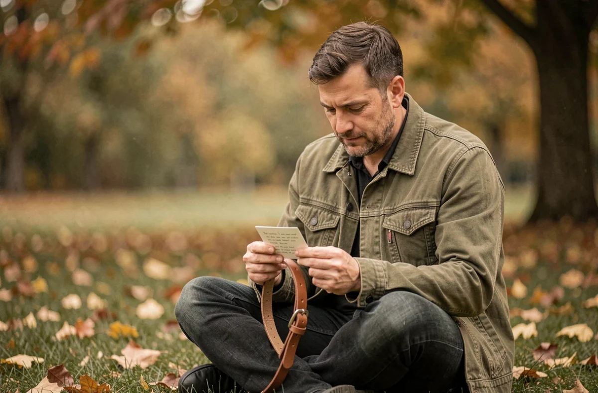 Homme assis dans un parc en automne tenant le collier de son chien disparu et une carte d'hommage manuscrite