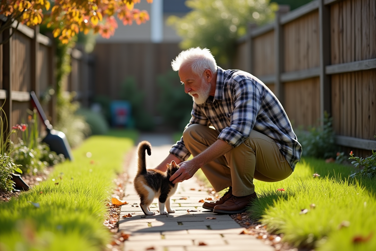 Homme âgé caressant un chat calico dans le jardin