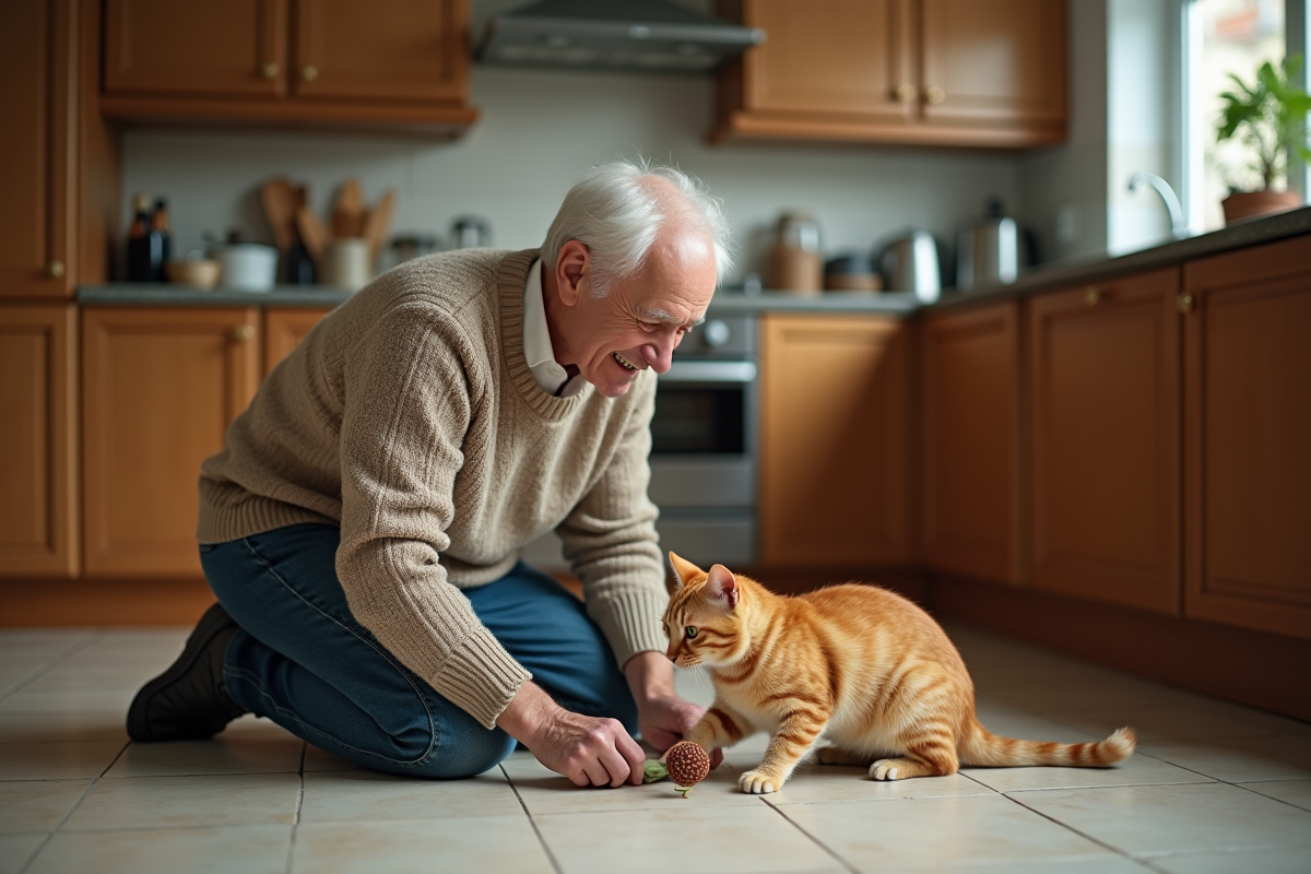 Homme âgé jouant avec son chat dans la cuisine chaleureuse