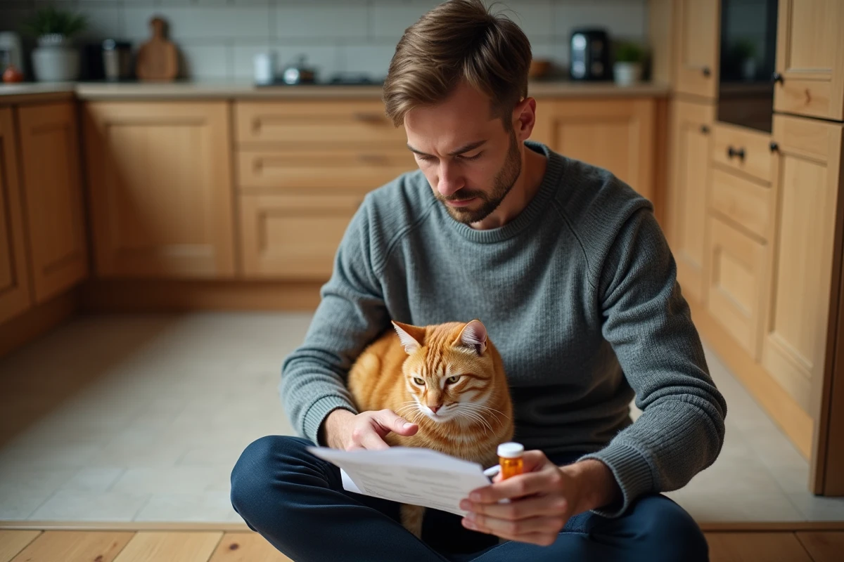 Homme inquiet tenant un médicament pour chat et lisant la notice dans une cuisine