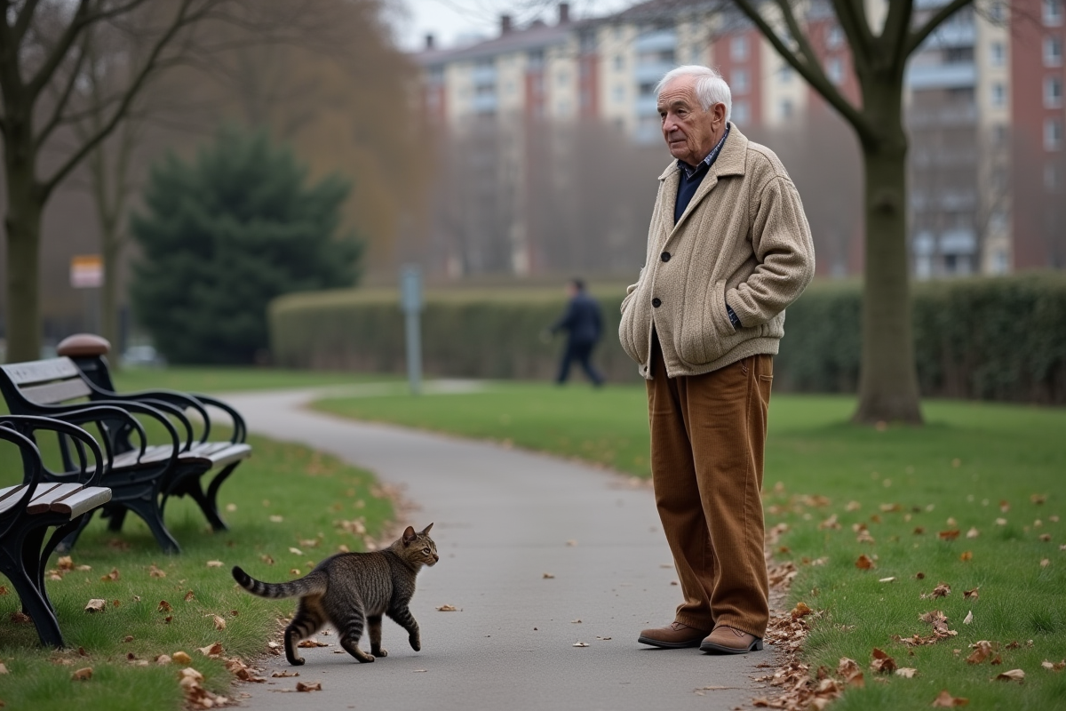 Homme âgé observant un chat errant dans un parc urbain