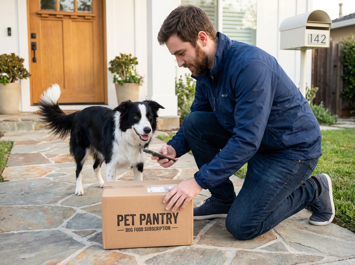 Homme avec chien border collie devant maison