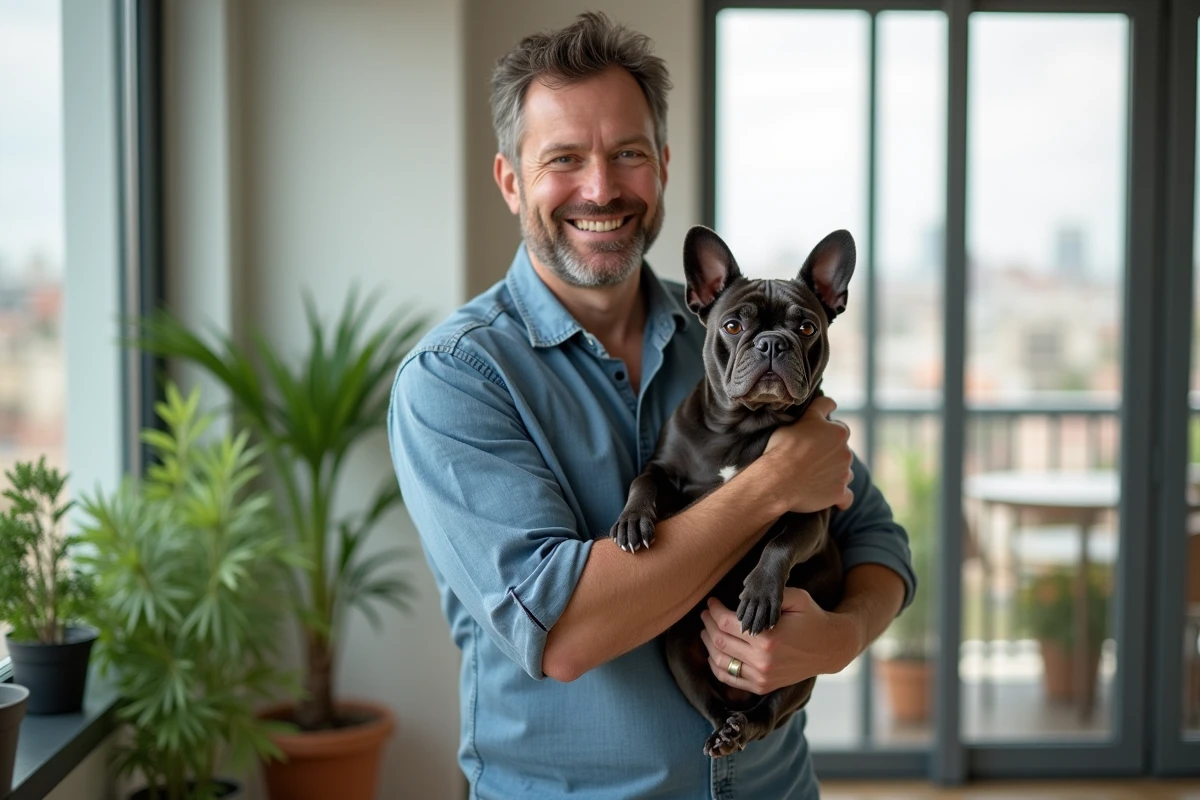 Homme avec un bulldog dans un sunroom lumineux en ville