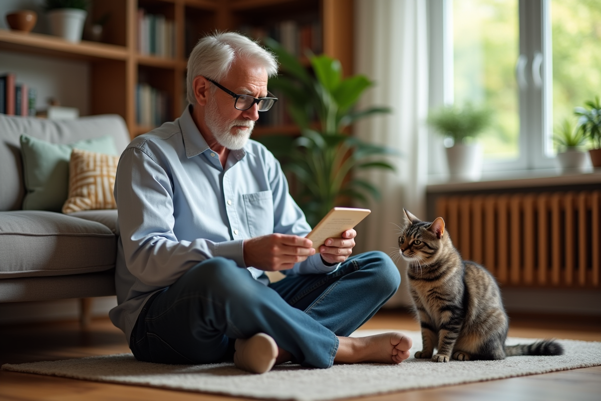 Homme âgé examinant une étiquette de nourriture pour chat