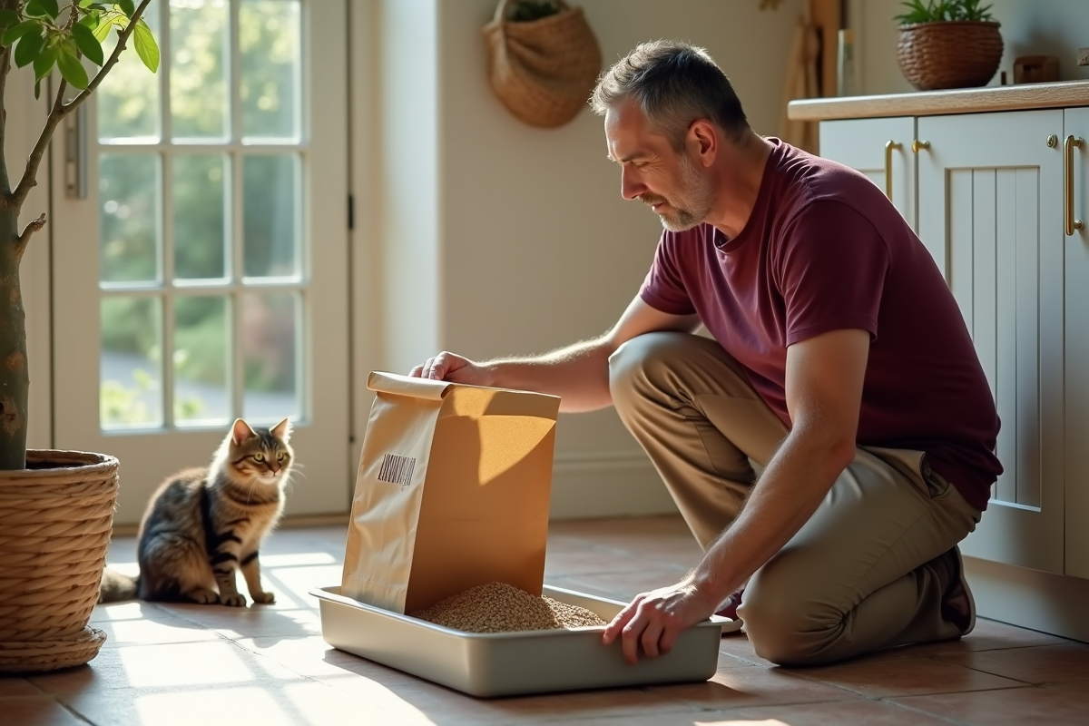 Homme verse la litière dans la caisse dans une pièce lumineuse