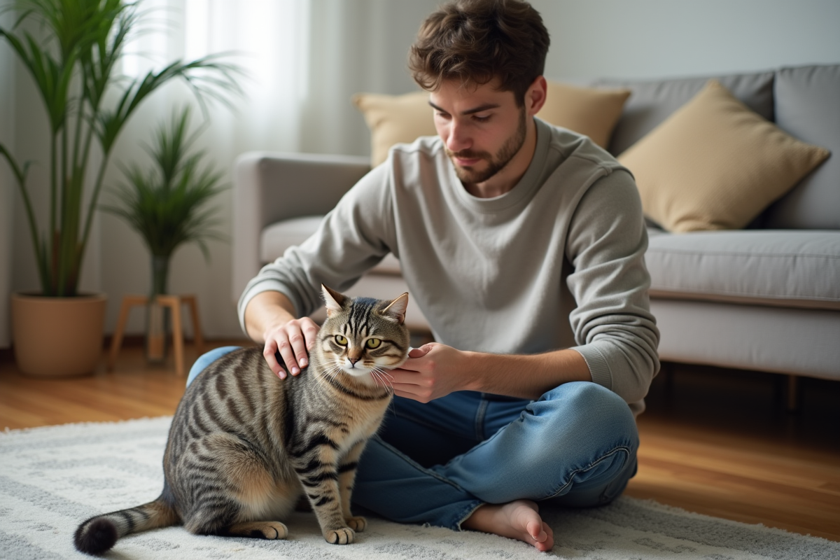 Jeune homme appliquant pommade à un chat chez lui