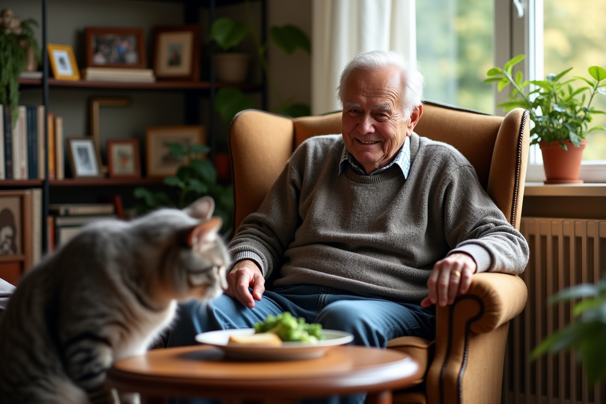 Homme âgé regardant son chat dans le salon ensoleille