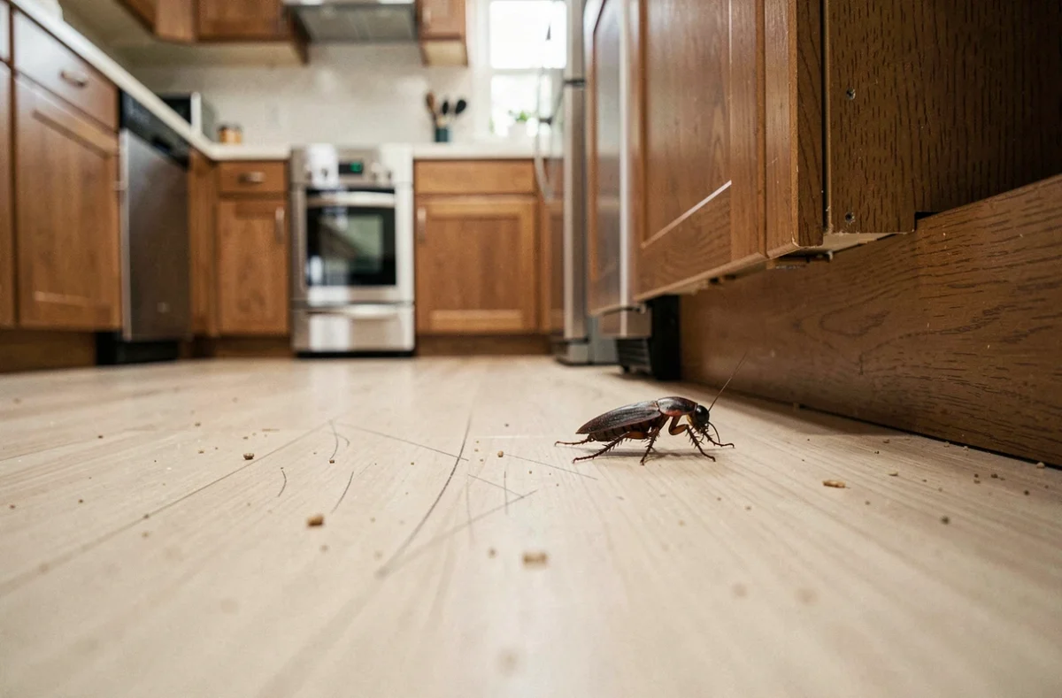 Cafard ou insecte similaire rampant au pied d'un meuble de cuisine en bois