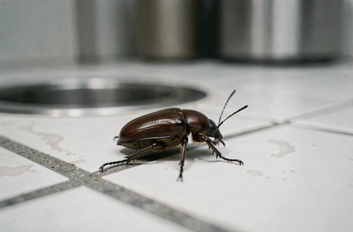 Insecte ressemblant à un cafard sur un carrelage de cuisine près d'un évier