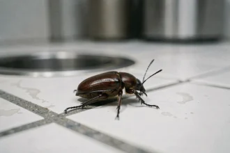 Insecte ressemblant à un cafard sur un carrelage de cuisine près d'un évier