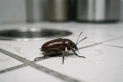 Insecte ressemblant à un cafard sur un carrelage de cuisine près d'un évier