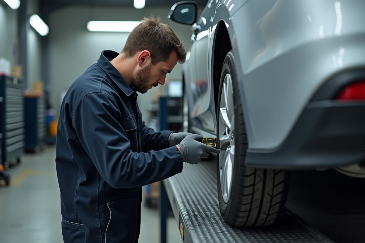 Technicien automobile installant un traceur GPS discret sous le châssis d'une voiture dans un garage professionnel