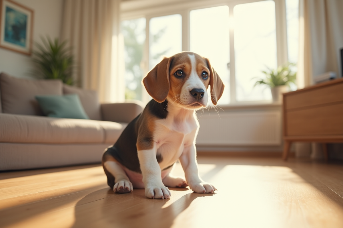 Jeune chiot beagle assis sur un sol en bois brillant