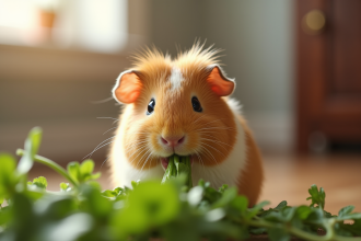 Jeune cochon d'Inde mangeant des légumes frais en intérieur