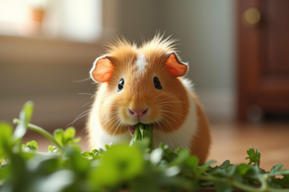 Jeune cochon d'Inde mangeant des légumes frais en intérieur