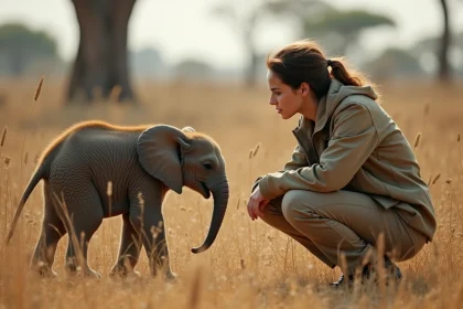 Jeune conservationniste observant un éléphantceau en savane