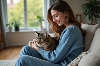 Jeune femme chat sitter caressant un chat tigré dans un salon moderne