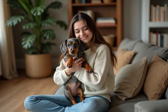 Jeune femme tenant un chiot dachshund dans un salon chaleureux