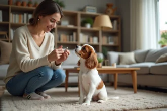 Jeune femme entraînant un chiot King Charles Spaniel dans un salon