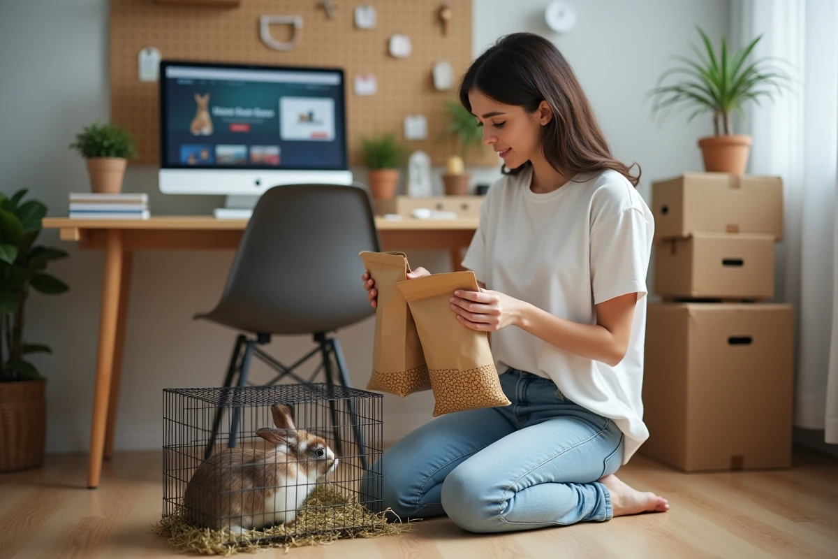 Jeune femme comparant des produits pour lapin commandés sur une animalerie en ligne, avec son lapin domestique à ses côtés