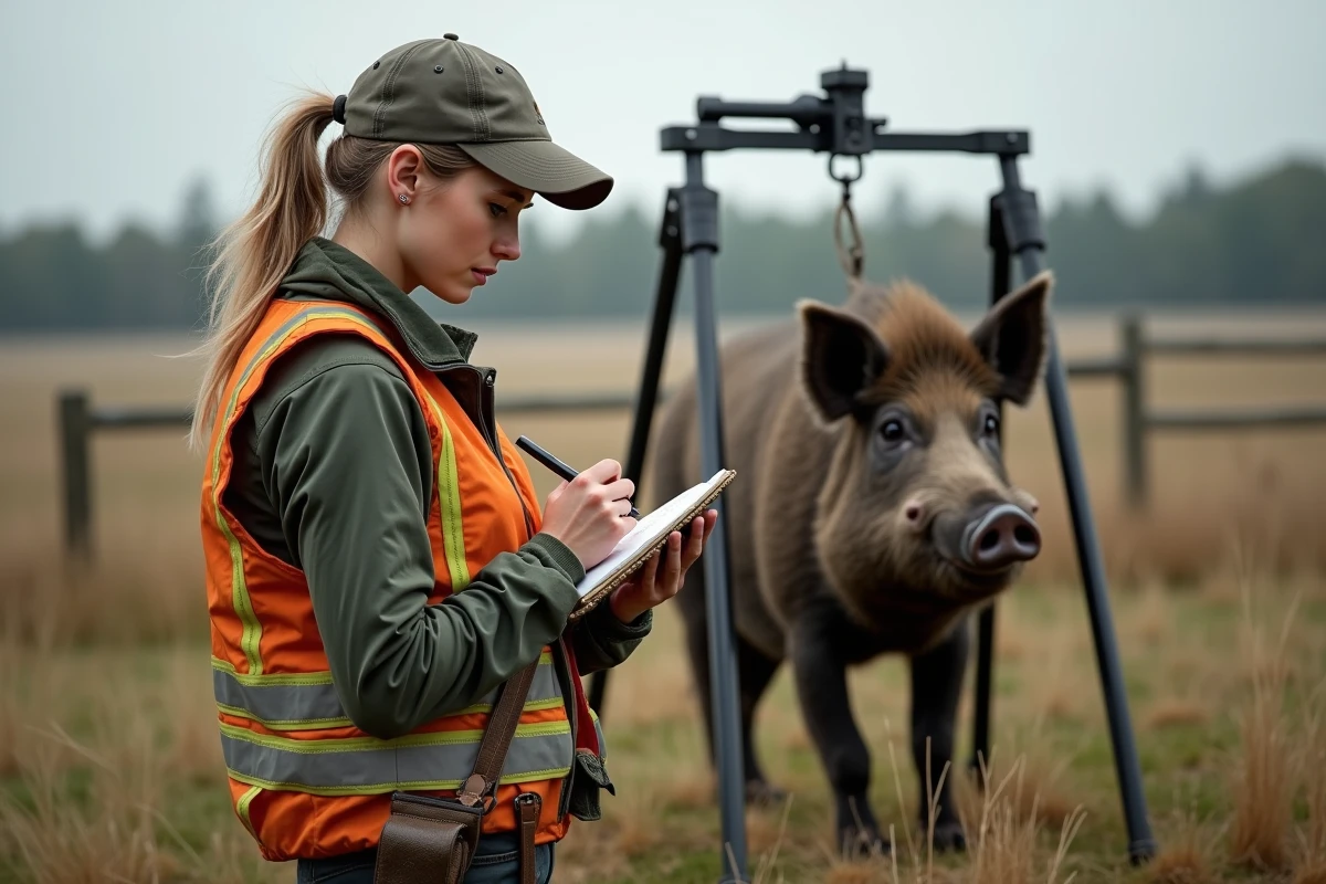 Jeune femme chasseresse avec sanglier en plein air