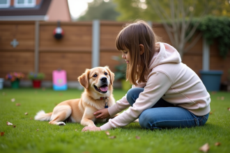 Jeune fille de 15 ans jouant avec un chien dans le jardin