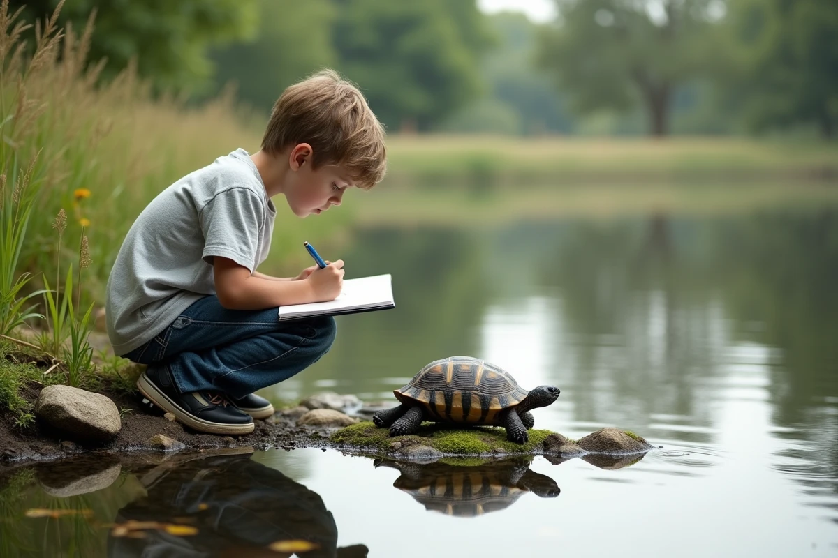 Jeune garçon dessinant une tortue au bord d’un étang