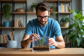 Jeune homme en t-shirt bleu assemble un terrarium à fourmis dans un salon lumineux