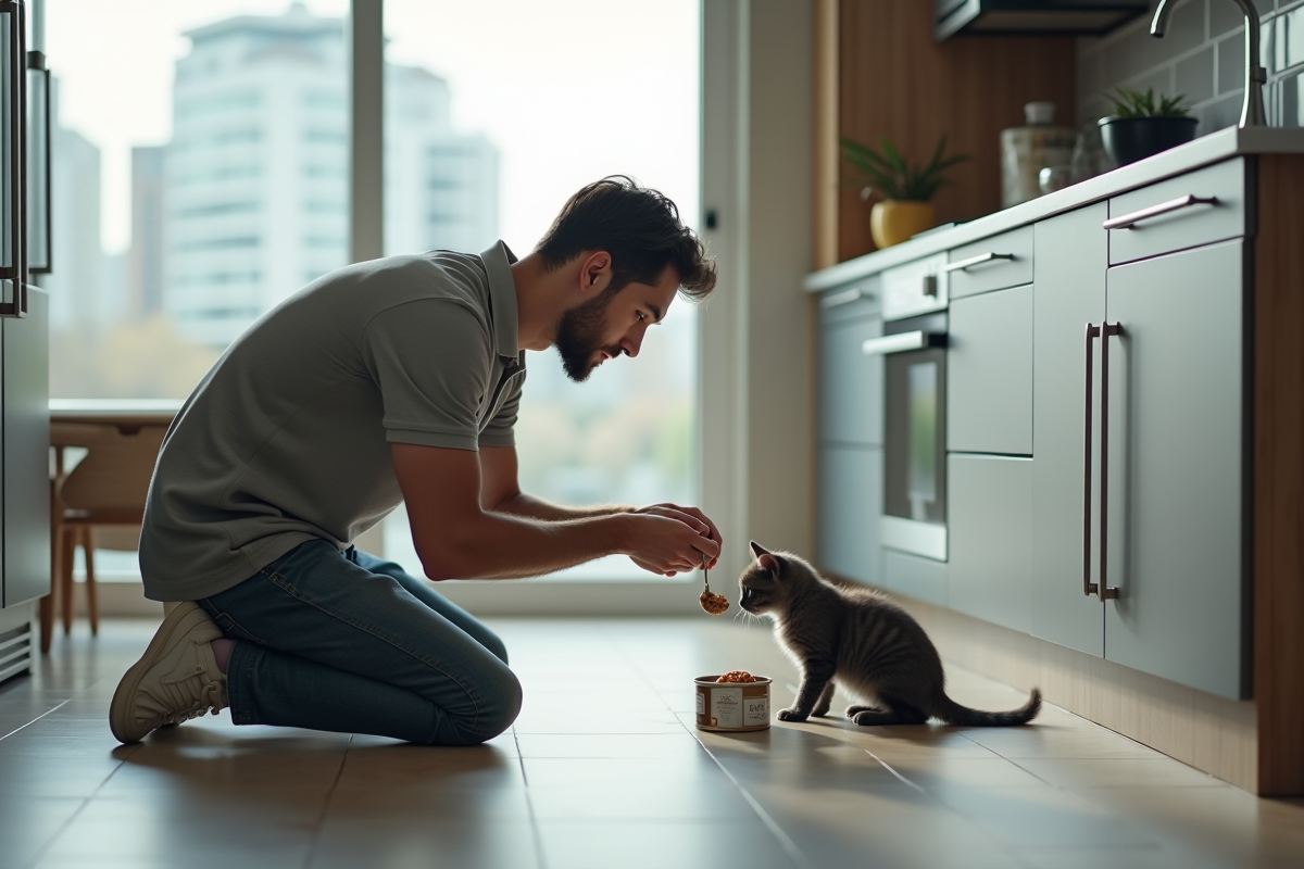 Jeune homme offre pâté à un chaton gris dans une cuisine moderne