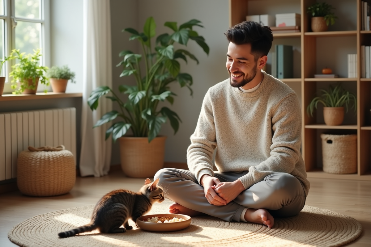 Jeune homme souriant regardant un chaton dans le salon ensoleille