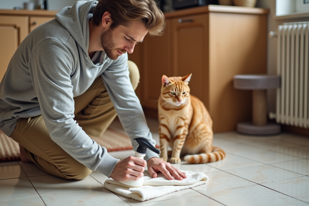 Jeune homme nettoie une tache avec un chat curieux
