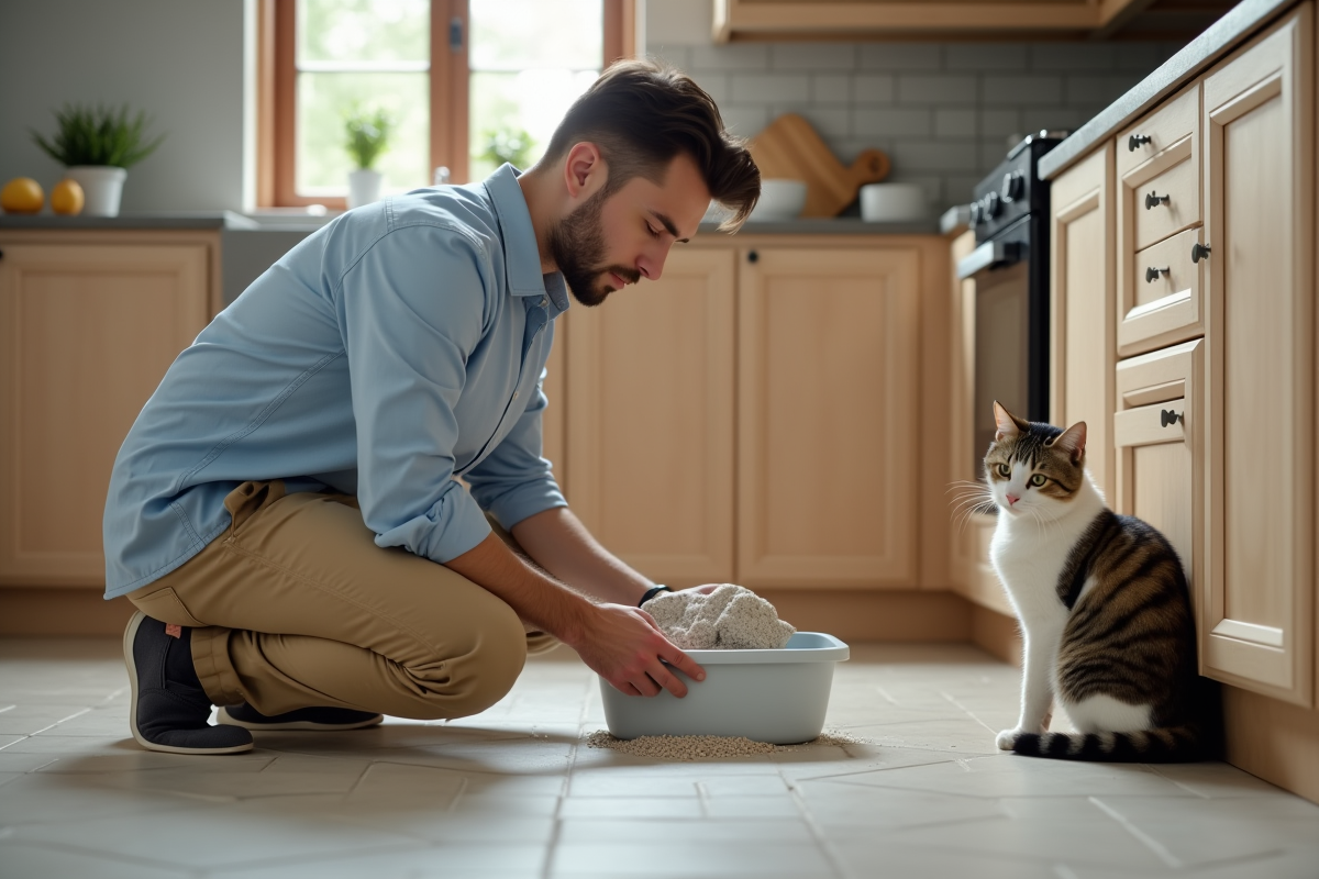 Jeune homme versant de la litière dans la caisse à chat