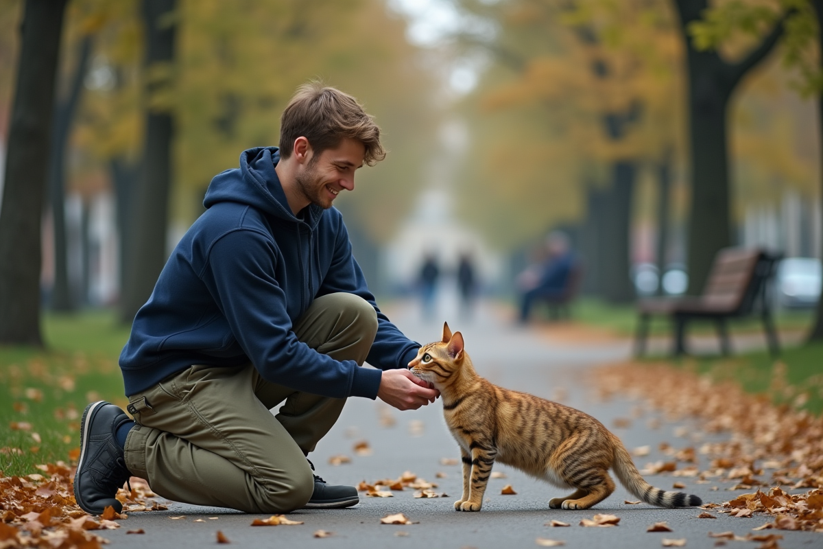 Jeune homme relâchant un chat errant dans un parc urbain