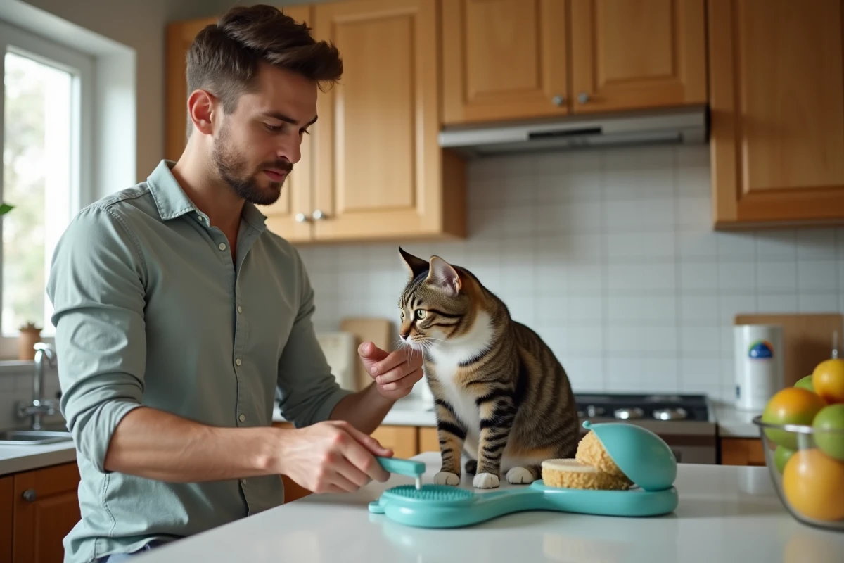 Jeune homme examinant des accessoires pour chat dans la cuisine