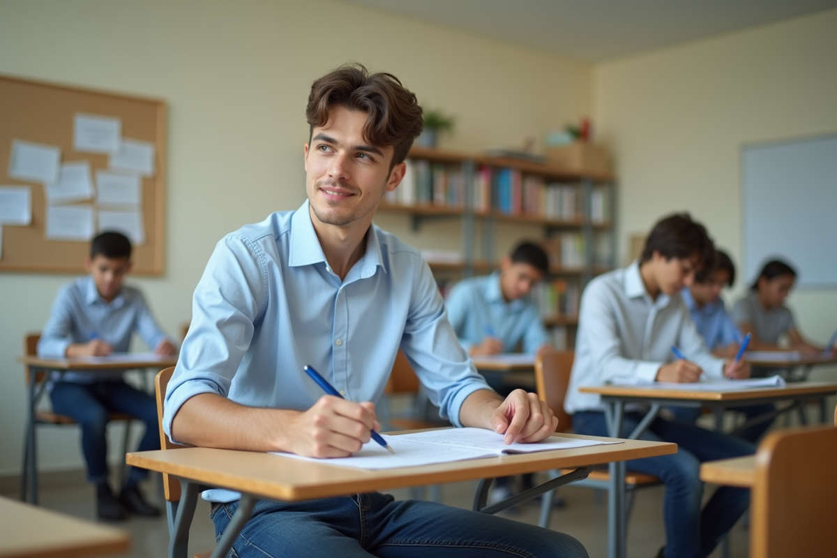 Jeune homme concentré en classe avec papiers