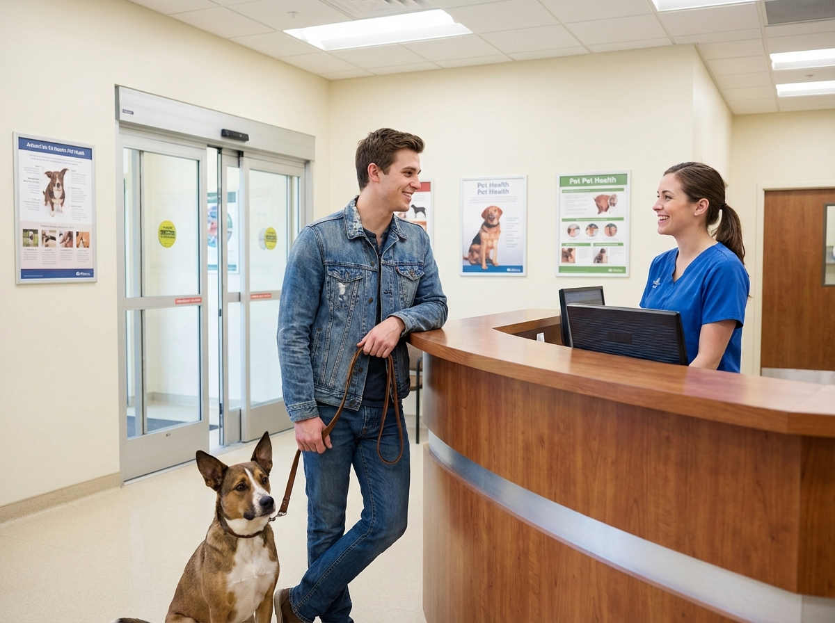 Jeune homme parlant avec un vétérinaire et son chien