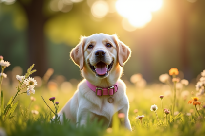 Labrador joyeux dans un parc ensoleille avec collier pastel